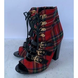 Lemon Drop by Privileged Chloee Red Plaid Tartan Lace up Peep Toe Boots - Size 7